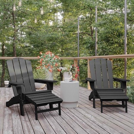 Flash Furniture Gray Adirondack Chairs with Ottoman-Cupholder, 2PK 2-LE-HMP-1044-110-GY-GG
